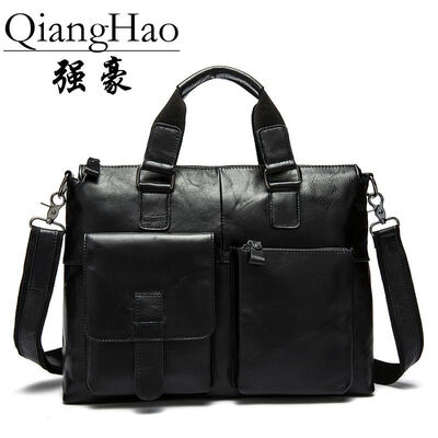 

QiangHao Genuine Leather Men Bag Mens Briefcases 156 inch Leather Laptop Bag business Male men travel Tote crossbody Bags