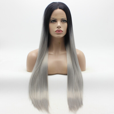 

Iwona Hair Straight Super Long Dark Root Grey Ombre Wig Half Hand Tied Heat Resistant Synthetic Lace Front Wig