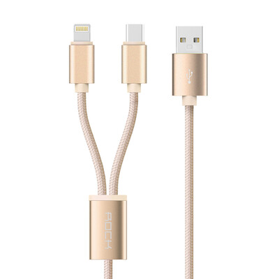 

Rockets ROCK Apple Type-c two-in-one data cable a drag two mobile phone charging cable iPhoneX 876 millet 5s Huawei p9 music 2 Samsung 12 meters champagne gold