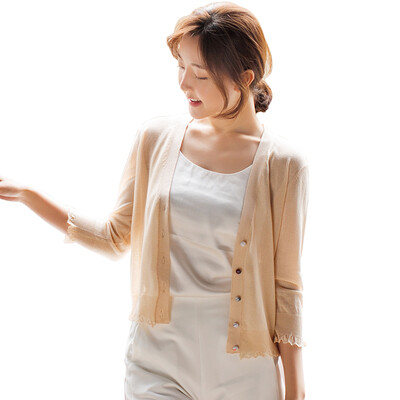 

VIVAHEART Корейский трикотаж Женская ткань Трикотажная футболка с коротким кардиганом Sunset Shirt VWYC172448 Абрикос S