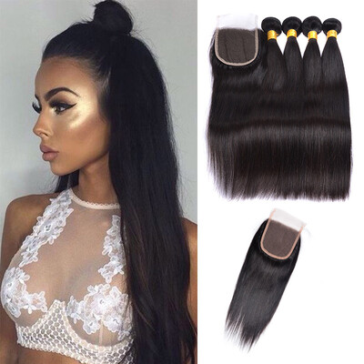 

One middle part (4"x 4") top lace closure with 4 bundles Silky Straight hair extension weft 100% human hair weave Brazilian Hair
