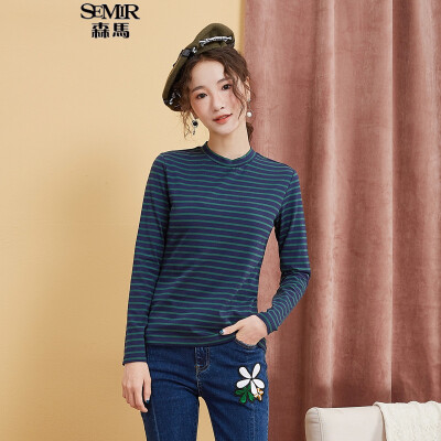 

Semir sweater women 2017 autumn stripes were thin high collar collar shirt sweater 12316010026 blue&green tone S