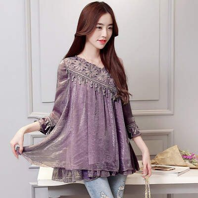 

A pond morning 2017 autumn chiffon shirt female long sleeve A version of high waist was thin lace bottoming shirt S71R0698A609M lavender