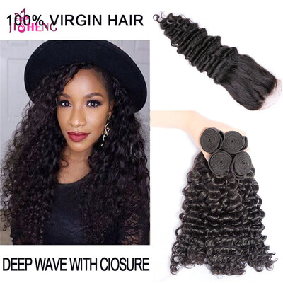 

8A Deep Wave Human Hair Bundles With Closure Brazilian 4 bundles Human Hair With 44 Lace Closure