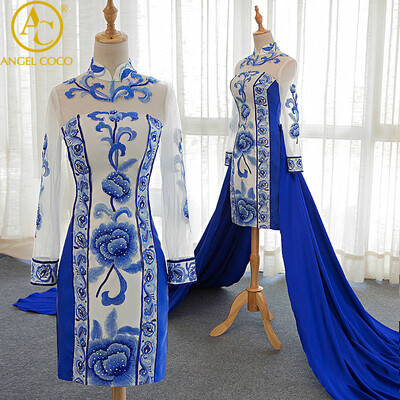 

2 Piece Waist Split Evening Dress Party Long Sleeve Embroidery Women Traditional Chinese Clothing Plus Size Cheongsam Gown 2017