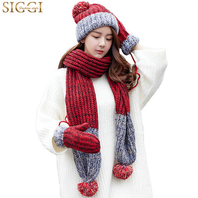 

Jingdong Supermarket Siggi CM88218 hat scarf gloves three-piece women winter Korean version of the tide plus velvet thickening warm wool knit suit red hat width 25CM