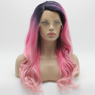 

Iwona Hair Wavy Long Dark Root Rose Red Pink Ombre Wig Half Hand Tied Heat Resistant Synthetic Lace Front Wig