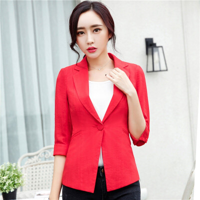 

Women Linen Half Sleeve Blaser 2017 New Elegant Casual Candy Color Single Button Plus Size Work Blazer Office Jacket Pink/White