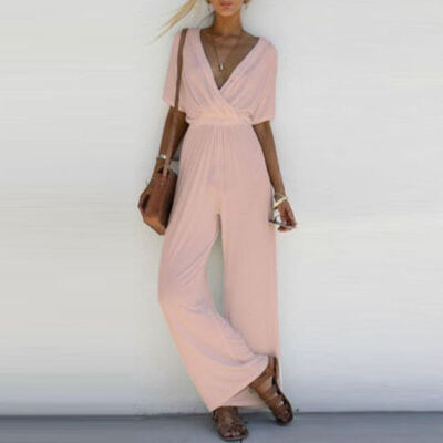 

CANISWomen V Neck Loose Playsuit Party Ladies Romper Short Sleeve Long Jumpsuit -XL