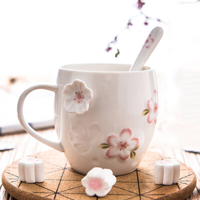 

Porcelain soul creative still flower mug with lid spoon couple three-dimensional water cup ceramic cup simple milk coffee cup office cherry cup pink