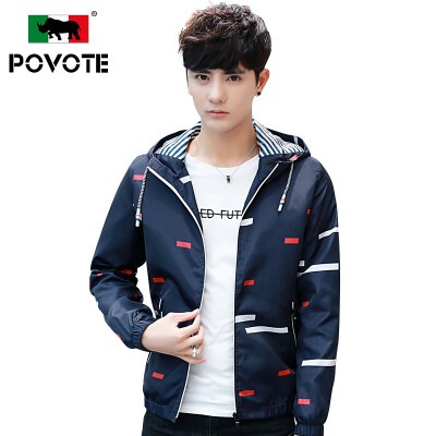 

Paulo rhinoceros (POVOTE) jacket men's hooded short paragraph style embellishment fashion casual jacket youth men's men's clothing coat PVHN1716 dark blue