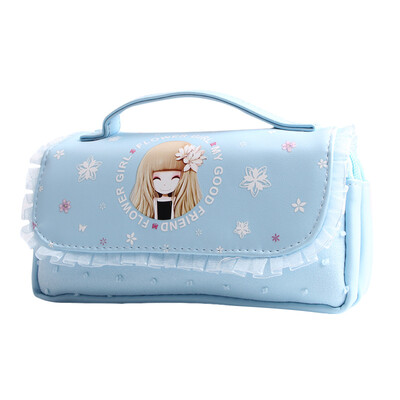 

AMIKAMIDA childrens pencil bag primary school stationery box female flower girl lace double pencil case pink stu7217