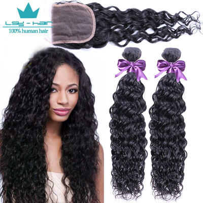 

Peruvian Virgin Hair Bundles with CLosure Unprocessed Human Hair Extensions Natural Wavy Hair Water Wave 3 Bundles With Closure