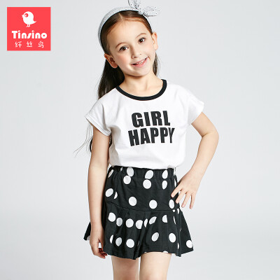 

(TINSINO) children's clothing children's summer short-sleeved cotton T-shirt women in the big child leisure wild two sets of skirt letter letters dot pink 140