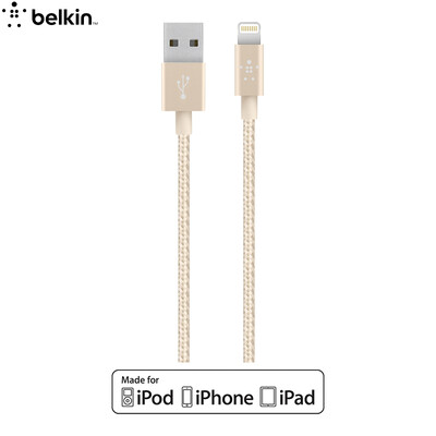 

Belkin Apple MFi сертифицированный нейлоновый плетеный кабель для зарядки кабеля для молнии для iPhone7 Plus / 6s Plus Gold 1.2m