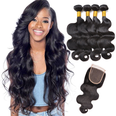 

IUPin Body Wave Hair Extensions 4 Bundles with 4x4 Lace Closure Free Part Brazilian Malaysian Indian Peruvian Virgin Human Hair