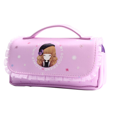 

AMIKAMIDA childrens pencil bag primary school stationery box female flower girl lace double pencil case pink stu7217