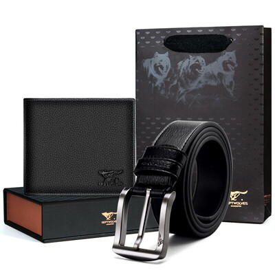 

Seven wolves SEPTWOLVES belt gift box mens belt first layer leather mens short wallet fashion simple suit L7324 black brown
