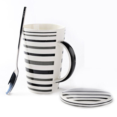 

Porcelain soul ceramic tape with spoon cups simple coffee cups large capacity creative personality couple cups mugs line life white thread