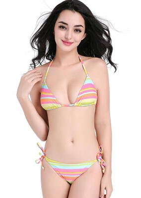 

New Women's Bikini Swimwear Rainbow Striped Double Layer No Chest Pad Sexy Lace Bikini The Preferred Swimsuit
