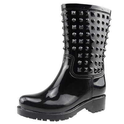 

Haitian Halteke rain boots in the tube fashion rivets waterproof rain boots rubber shoes water shoes P002 black 38 yards