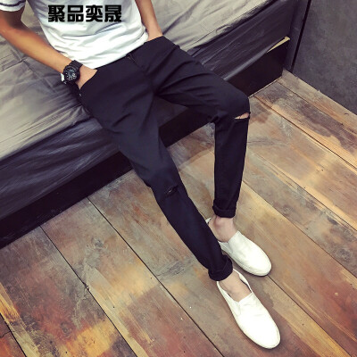 

Jeans mens knee word break nine jeans male Korean slim feet trousers beggars street stretch pants