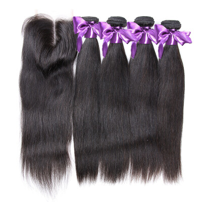 

7A Brazilian Virgin Hair Straight 4 Bundles with Closure 100 Unprocessed Human Hair Weave With Lace Closure