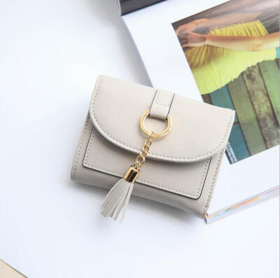 

Short paragraph simple three fold student hardware tassel small purse wallet lady wallet