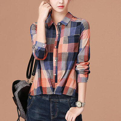 

City plus CITYPLUS 2017 autumn new women's art retro lattice loose lapel shirt shirt CWCS178160 orange grid XL