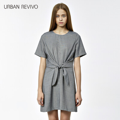 

UR tie waist round collar fashion city Slim dress YU33S7AN2002 gray line