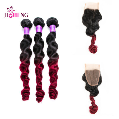

8A Indian Virgin Human Hair Wave 3 Bundles Ombre Loose Wave With 4*4 Lace Closure Remy Hair Extensions