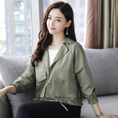 

A pond morning 2017 autumn Korean simple Slim was thin single collar buckle collar short jacket female S73R0020AA42S army green S