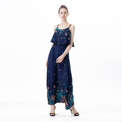 

Womens summer new temperament sleeveless printed flounce loose strap strapless dresses