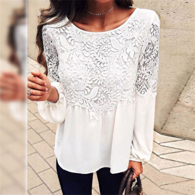 

CANISFashion Women Summer Loose Casual Chiffon Long Sleeve Lace T Shirt Tops Blouse