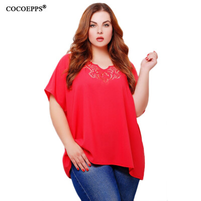 

COCOEPPS Chiffon Casual Lace Summer Tops Big size 2017 Solid Short Sleeve V-Neck Plus Size Women Blouse Feminine Clothing -6XL