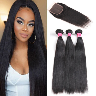 

Fine Plus Brazilian Straight Hair 3 Bundles with Closure 7A Unprocessed Virgin Human Hair Bundles with 4×4 Free Part Lace Closure