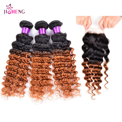 

8A Brazilian Virgin Human Hair Wave 3 Bundles Ombre Deep Wave With 44 Lace Closure Remy Hair Extensions