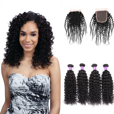 

8A Curly Wave Human Hair Bundles With Closure Indian 4 bundles Human Hair With 4*4 Lace Closure