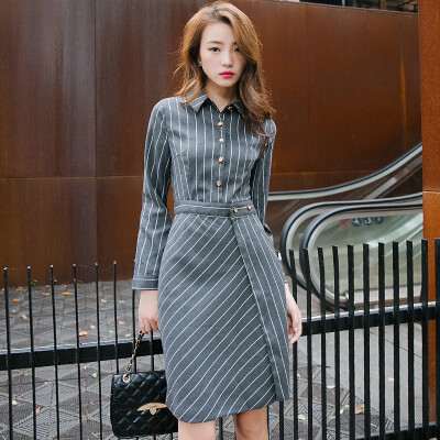 

One morning long morning career dress 2017 autumn new striped bag hip high waist one step skirt S73R0008LA1075S gray stripes S