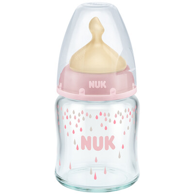

NUK wide-bore glass bottle newborn baby baby bottle 120ml with anti-flatulence latex nipple 0-6 months round hole pink German import