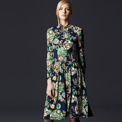 

Marc Rebecca Retro Half-collar Long Sleeve Print Dress Skirt 55278E Green Print S