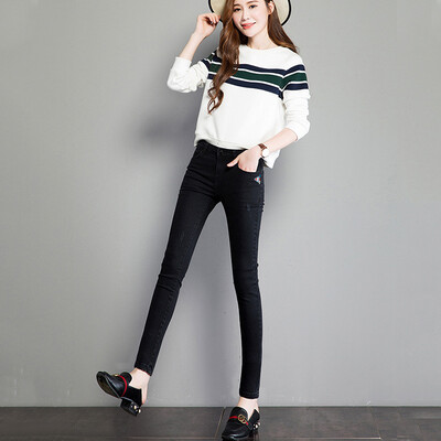 

JOY OF JOY autumn Korean casual embroidery denim trousers stretch pants pants pencil pants JWKN178747 black 29