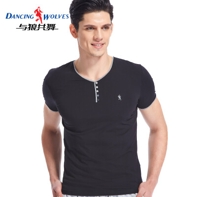 

Dance with wolves short-sleeved T-shirt mens cotton slim solid color V-neck half-sleeve male 9869 black XXL