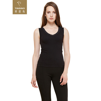 

Filament bird TINSINO warm vest female models nylon body underwear lace V-neck cotton medium thick plus velvet base base vest black L-XL 165-175