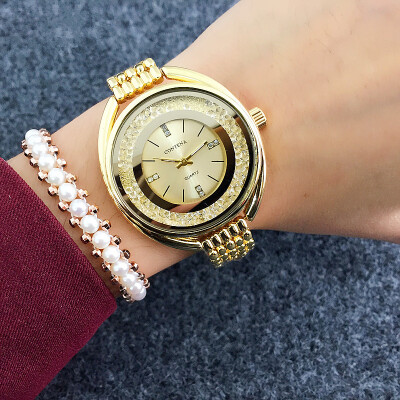 

Fashion Ladies Dress Watch CONTENA Business Women Trendy Gold Quartz Wrist Watch Rhinestone Crystal Clock