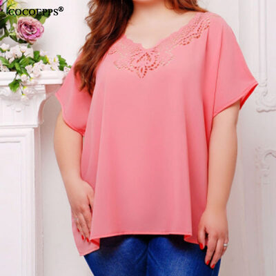 

COCOEPPS Chiffon Casual Lace Summer Tops Big size 2017 Solid Short Sleeve V-Neck Plus Size Women Blouse Feminine Clothing -6XL