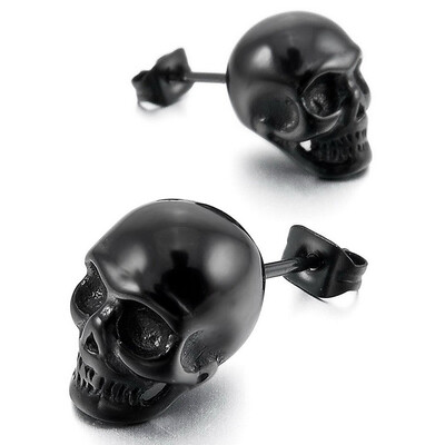 

Men's Stainless Steel Stud Earrings Silver Tone Black Skull