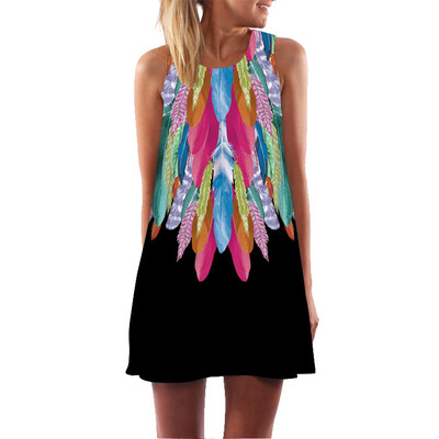 

Summer Dress Women Feather Print Vintage 3D Dress Sleeveless Boho Style Short Beach Dress 6 colors