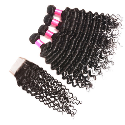 

Silk Based Brazilian Deep Wave Closure Brazilian Virgin Hair 4 Bundles With Closure 8A Brazilian Deep Curly Virgin Hair