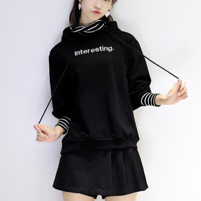 

City plus CITYPLUS 2017 autumn and winter new women's literary and artistic wild stitching two-piece hooded long-sleeved jacket letter printing sweater CWWY178556 black